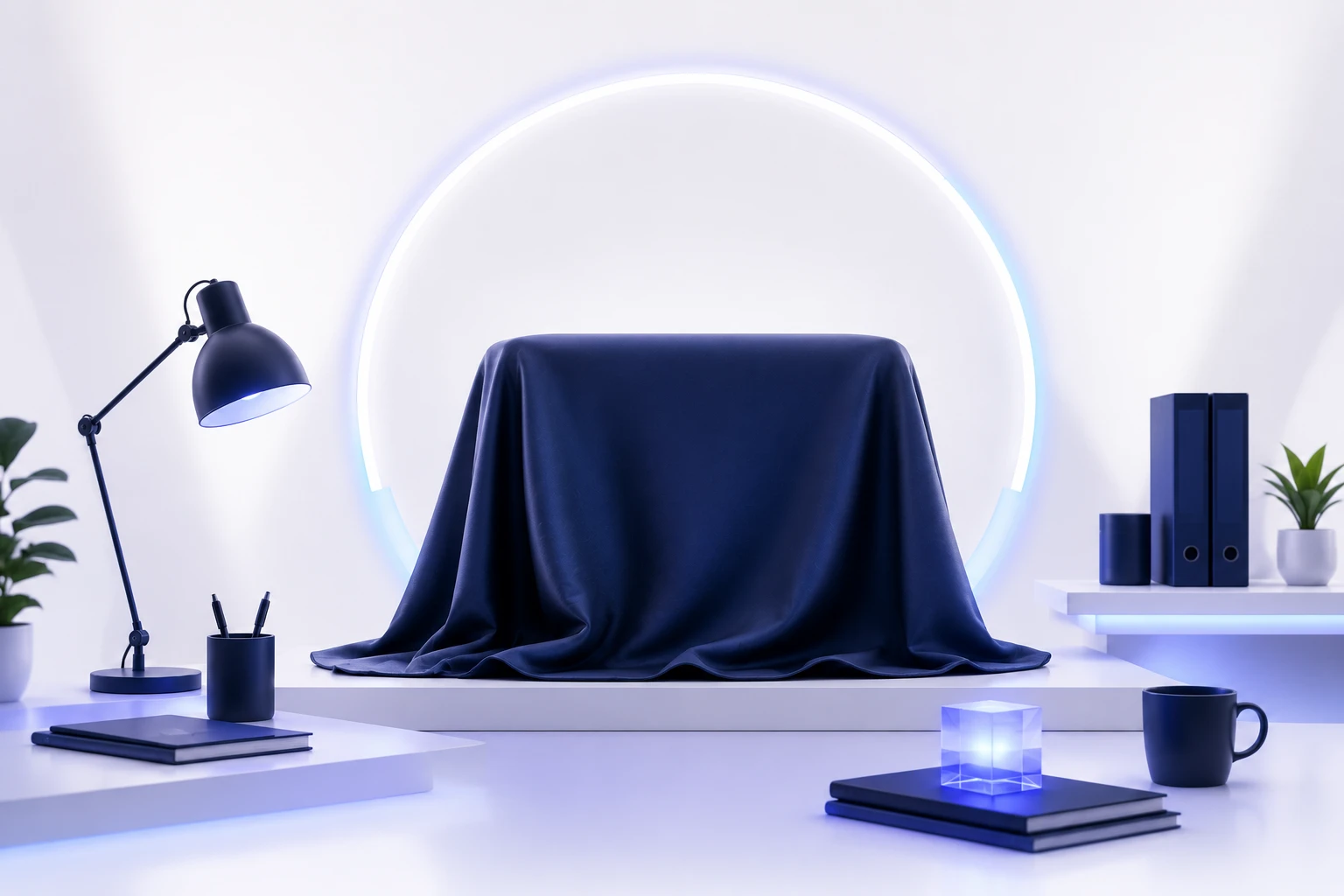 Covered product display in a modern workspace representing an upcoming launch
