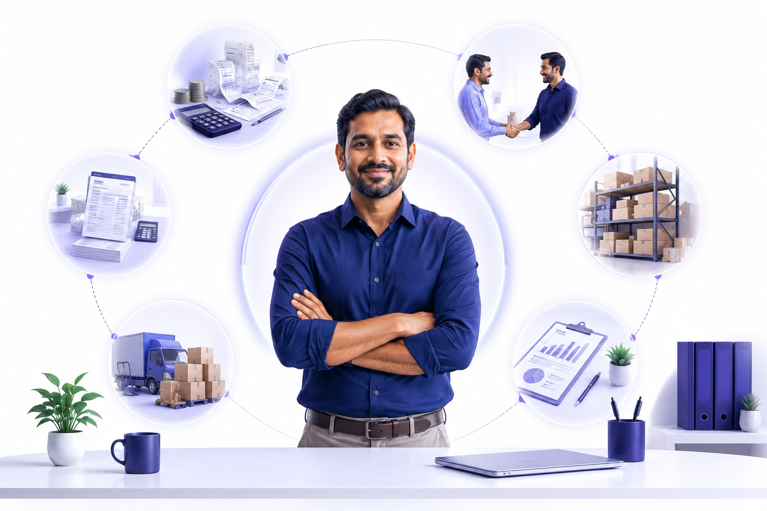 Indian business owner using a smartphone in a modern workspace