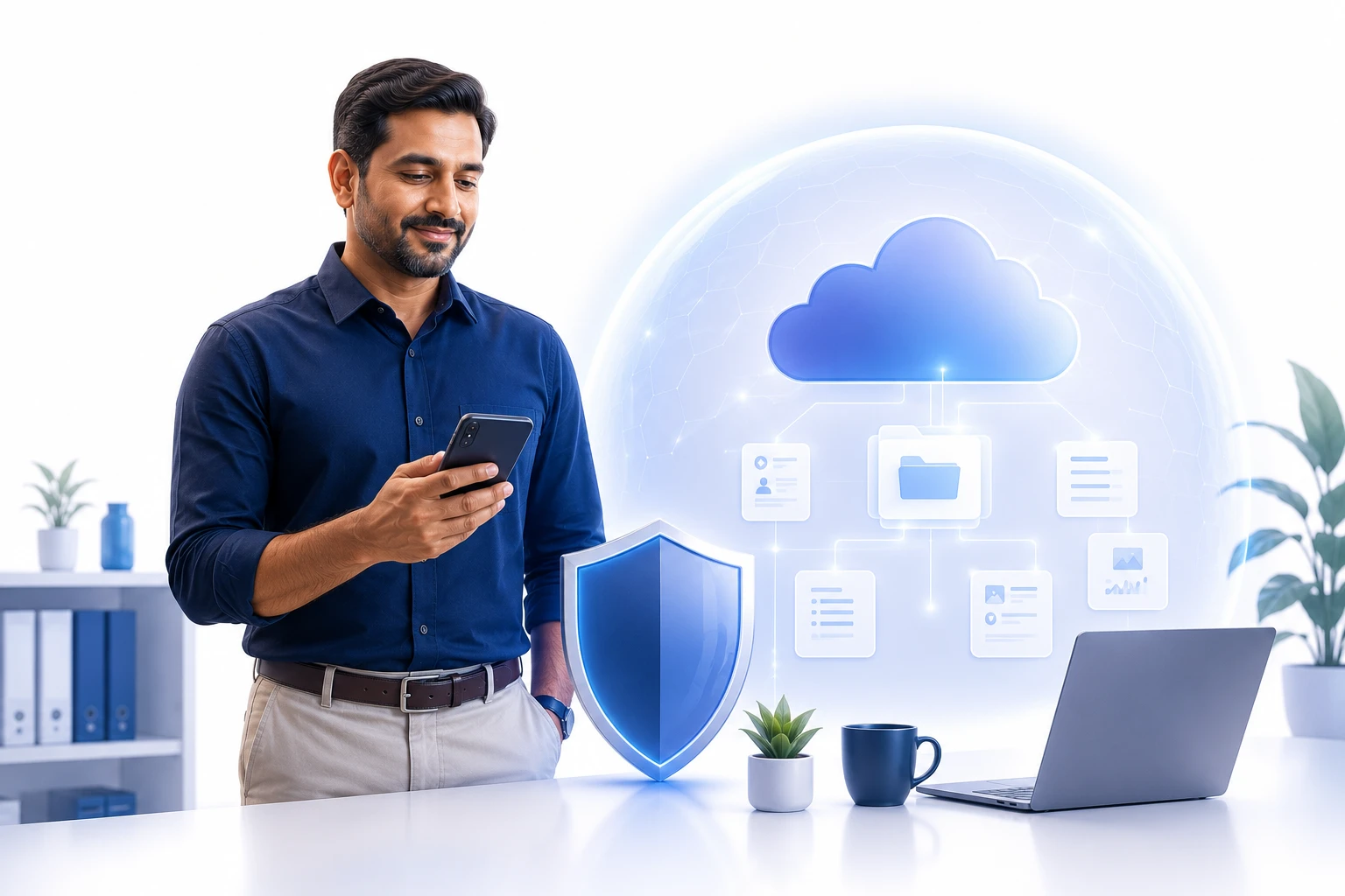 Business owner beside protected cloud records and a security shield